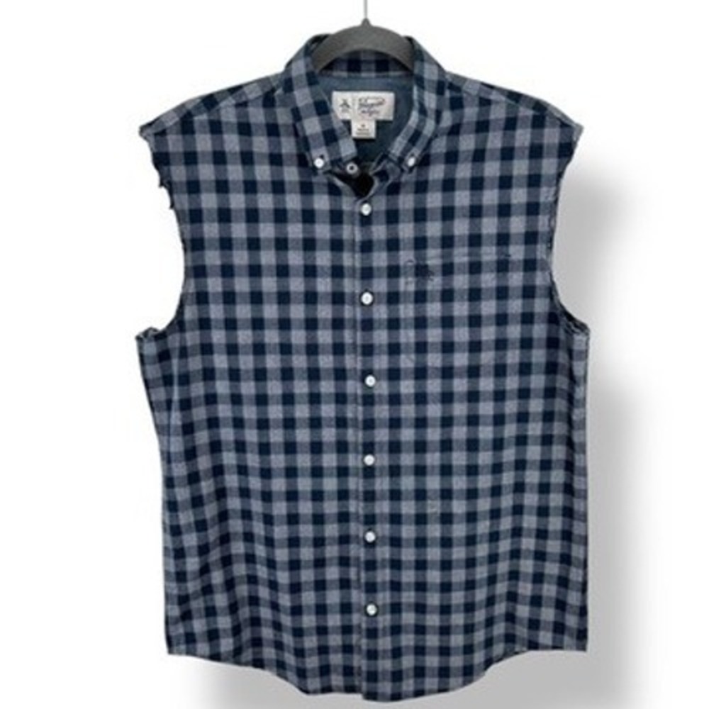 Mens Size M Original Penguin Gingham Blue Plaid Button Down Sleeveless Shirt Top